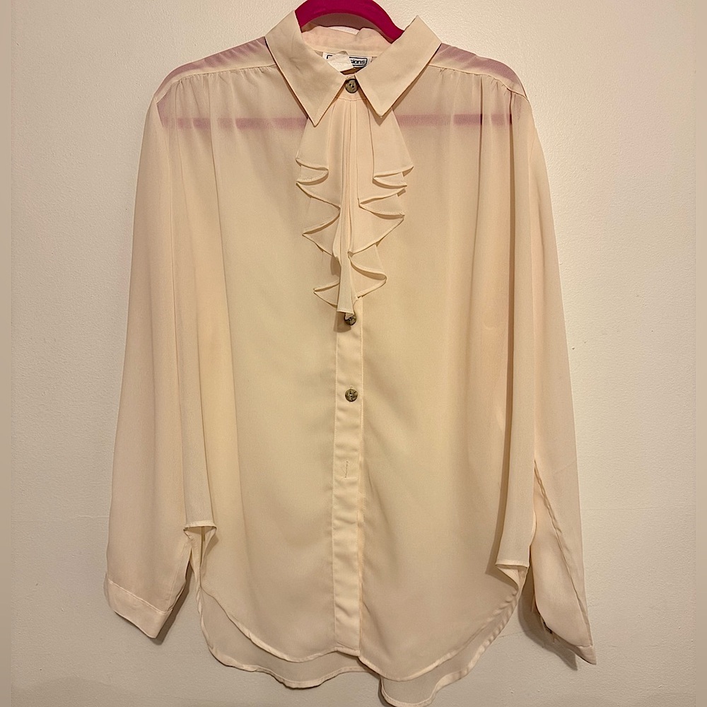 Vintage Cream Semi-Sheer Button Up Ruffle Blouse Impressions of California Sz 18